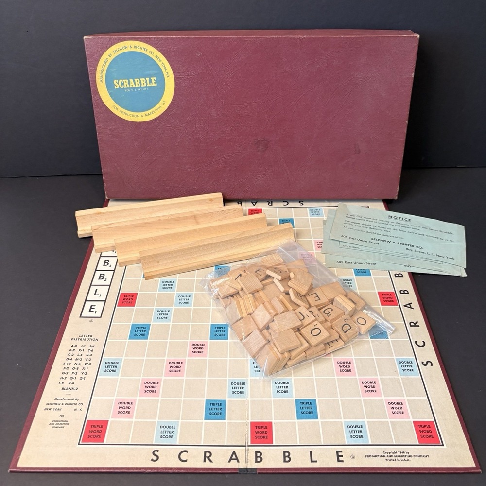 Vintage 1953 Scrabble Board Game Selchow & Righter Wood‎ Tiles & Racks COMPLETE